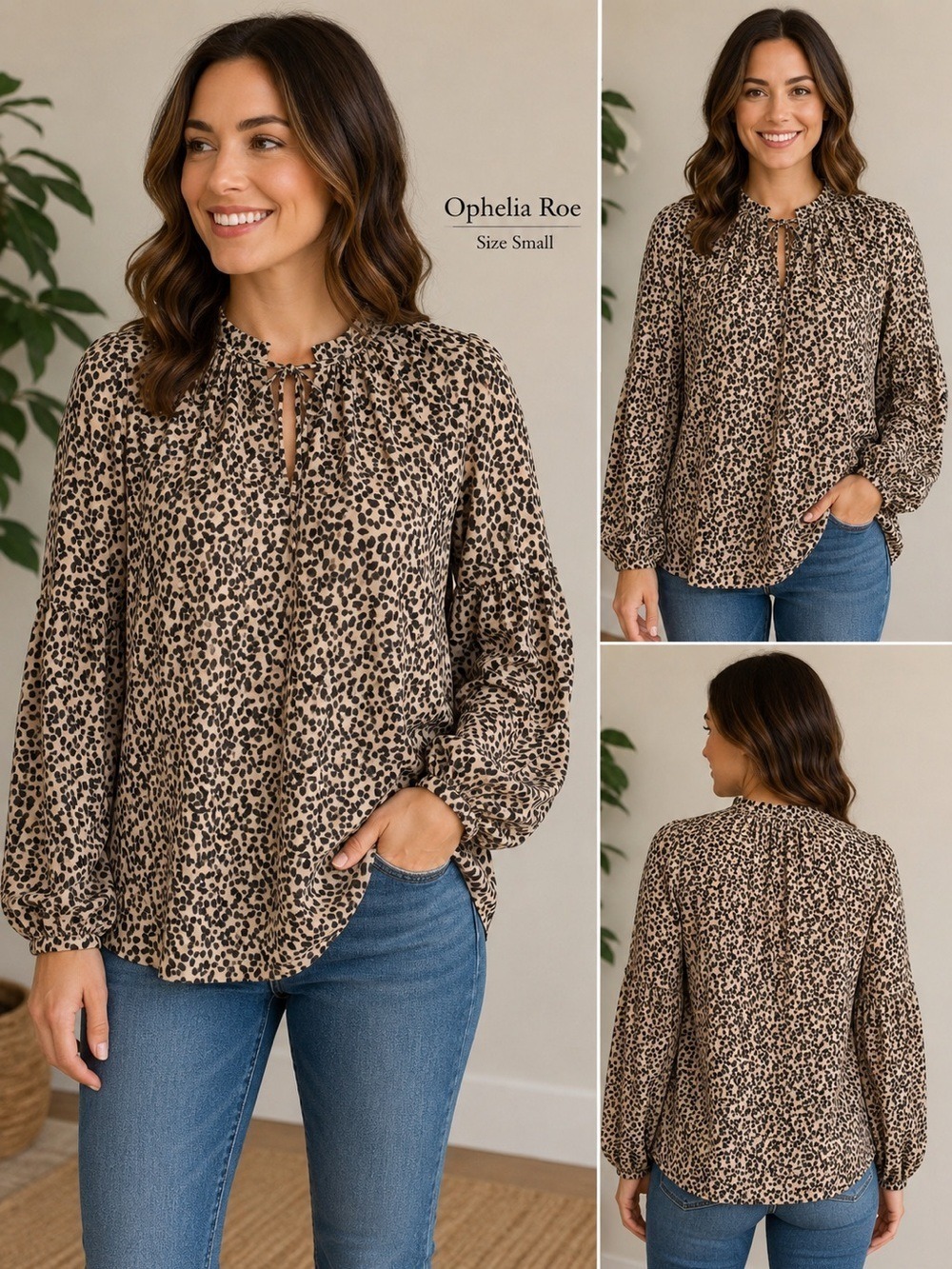 Ophelia Roe Leopard Print Tie Neck Blouse Size Small